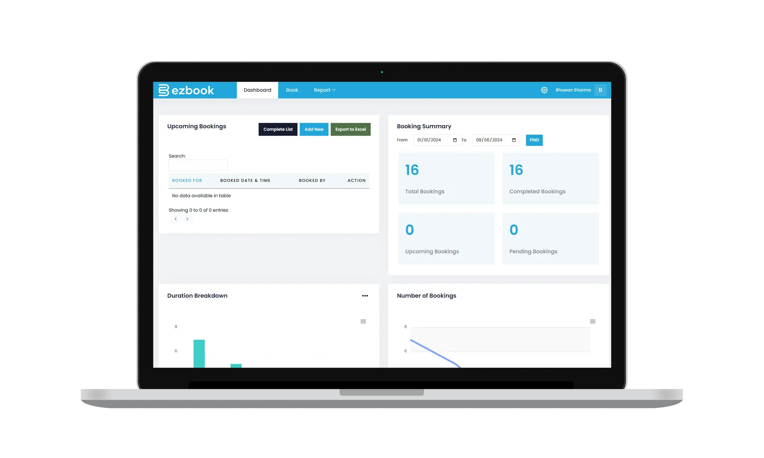 Ezbook software dashboard